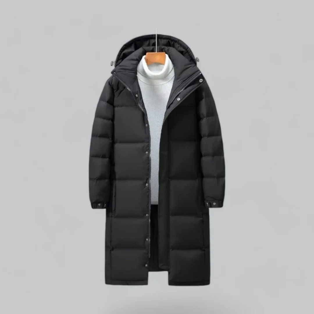 Men's long puffer jacket with buttons | Hood